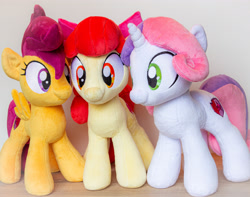 Size: 4006x3160 | Tagged: safe, artist:rtryart, apple bloom, scootaloo, sweetie belle, earth pony, pegasus, pony, unicorn, g4, apple bloom's bow, bow, cutie mark crusaders, female, hair bow, horn, irl, photo, plushie, smiling, spread wings, standing, trio, trio female, wings