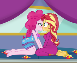 Size: 1920x1580 | Tagged: safe, artist:grapefruit-face, artist:uzzi-ponydubberx, artist:yaya54320bases, edit, pinkie pie, sunset shimmer, human, equestria girls, g4, barefoot, blushing, clothes, duo, feet, female, holding hands, kiss on the lips, kissing, kneeling, lesbian, nightgown, pajamas, ship:sunsetpie, shipping, show accurate, surprise kiss