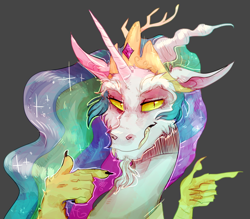 Size: 4000x3500 | Tagged: safe, artist:flazeflower, discord, princess celestia, draconequus, dungeons and discords, g4, bust, collaboration, discord's celestia face, gray background, grin, male, pointing, simple background, smiling, solo