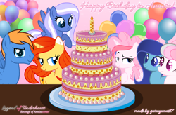Size: 2509x1643 | Tagged: safe, artist:tanahgrogot, oc, oc only, oc:blossom, oc:bluelight, oc:rozyfly, oc:starnight, oc:strawberries, oc:sunflower, alicorn, earth pony, pegasus, pony, unicorn, series:the legend of tenderheart, 2022, alicorn oc, balloon, birthday cake, cake, earth pony oc, female, food, happy birthday, horn, looking at you, male, mare, medibang paint, pegasus oc, smiling, smiling at you, solo, stallion, stars, sultry pose, unicorn oc, wings