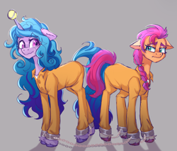 Size: 3459x2953 | Tagged: safe, artist:yumkandie, izzy moonbow, sunny starscout, earth pony, pony, unicorn, g5, my little pony: a new generation, ankle chain, ball, clothes, crying, cuffed, duo, duo female, female, floppy ears, high res, horn, hornball, izzy's tennis ball, nervous, never doubt rainbowdash69's involvement, prison outfit, prisoner, prisoner im, prisoner ss, shirt, sweat, sweatdrops, tennis ball, undershirt