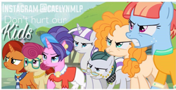 Size: 1053x541 | Tagged: safe, artist:caelynmlp, edit, edited screencap, editor:caelynmlp, screencap, cloudy quartz, cookie crumbles, pear butter, posey shy, stellar flare, twilight velvet, windy whistles, earth pony, pegasus, pony, unicorn, g4, slice of life (episode), awesome, badass, female, implied resurrection, implied sunny siblings, like mother like daughter, like parent like child, mama bear, mane six, mom seven, mom six, spanish description