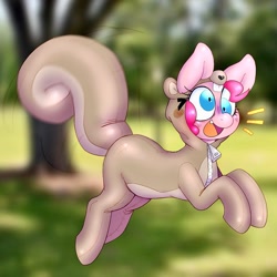 Size: 1587x1587 | Tagged: safe, artist:mclovin, pinkie pie, earth pony, pony, squirrel, g4, animal costume, clothes, costume, derp, emanata, female, kigurumi, mare, open mouth, open smile, outdoors, smiling, solo, tail, tail wag, zipper