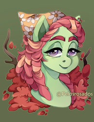 Size: 1280x1652 | Tagged: safe, artist:pelosrosados, tree hugger, earth pony, pony, g4, bust, female, green background, head only, lidded eyes, mare, portrait, signature, simple background, smiling, solo