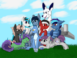 Size: 6528x4896 | Tagged: safe, artist:officiallunardj, oc, oc:alisia, oc:crimson shield, oc:ebony rain, oc:frost wing, oc:luke quint, oc:opal brona, oc:pickles, oc:snap shot, oc:wulfric, alien, bat pony, griffon, hybrid, kangaroo, lamia, original species, cute, furry, plane