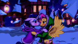 Size: 1280x720 | Tagged: safe, artist:vasillium, fluttershy, rarity, pegasus, pony, unicorn, g4, blushing, clothes, coat, female, hood, kissing, lantern, lesbian, mare, nose kiss, ponyville, ship:flarity, shipping, snow, spread wings, wings, winter