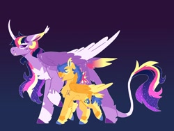 Size: 1600x1200 | Tagged: safe, artist:lepz_weird, flash sentry, twilight sparkle, alicorn, pegasus, pony, g4, alternate design, chest fluff, colored ears, colored horn, colored wings, curved horn, duo, fangs, female, horn, leonine tail, male, ship:flashlight, shipping, size difference, straight, tail, twilight sparkle (alicorn), two toned wings, wings