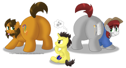 Size: 10967x5967 | Tagged: safe, artist:aleximusprime, oc, oc:alex the chubby pony, oc:khaki-cap, oc:tommy the human, alicorn, earth pony, pony, alicorn oc, butt, child, clothes, colt, commissioner:bigonionbean, dummy thicc, earth pony oc, embarrassed, extra thicc, facial hair, flank, foal, hat, horn, judging, male, plot, scrunchy face, shocked, simple background, sitting, stallion, taunting, teasing, the ass was fat, tongue out, transparent background, wings, writer:bigonionbean