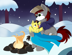 Size: 9000x6923 | Tagged: safe, artist:rainbowtashie, oc, oc:khaki-cap, oc:tommy the human, alicorn, earth pony, pony, alicorn oc, butt, campfire, child, clothes, cold, colt, commissioner:bigonionbean, concerned, dummy thicc, earth pony oc, extra thicc, fire, foal, hat, horn, male, pants, plot, red nosed, sick, sitting, snow, snowfall, stallion, swollen horn, teary eyes, the ass was fat, tree, wings, worried, writer:bigonionbean