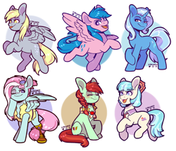 Size: 2000x1717 | Tagged: safe, artist:ak4neh, candy apples, coco pommel, derpy hooves, firefly, kerfuffle, trixie, earth pony, pegasus, pony, unicorn, g4, amputee, apple family member, bow, braid, female, mare, necktie, prosthetic limb, prosthetics, tongue out