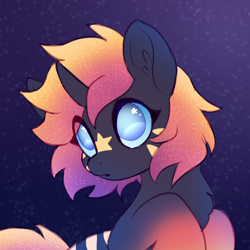 Size: 1000x1000 | Tagged: safe, artist:luminousdazzle, oc, oc only, oc:monoceros, unicorn, chest fluff, ethereal mane, female, gradient hooves, gradient mane, looking up, mare, markings, night, no pupils, solo, solo female, space, starry mane, starry night