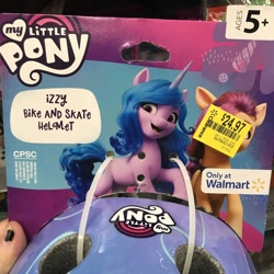 Size: 1080x1080 | Tagged: safe, izzy moonbow, sunny starscout, earth pony, pony, unicorn, g5, my little pony: a new generation, helmet, irl, merchandise, my little pony logo, photo, walmart