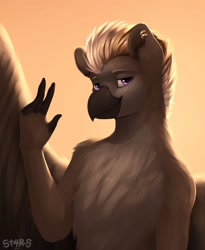 Size: 2700x3300 | Tagged: safe, artist:st4rs6, oc, oc only, oc:aeto, hippogriff, bust, chest fluff, ear piercing, high res, looking at you, male, piercing, portrait, smiling, smiling at you, solo, waving, waving at you