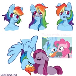 Size: 1080x1080 | Tagged: safe, artist:vtya, pinkie pie, rainbow dash, pony, semi-anthro, g4, arm hooves, bust, duo, female, floppy ears, kissing, lesbian, pinkamena diane pie, screencap reference, ship:pinkiedash, shipping, upside down kiss