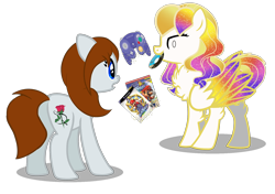 Size: 1700x1200 | Tagged: safe, artist:galeemlightseraphim, oc, oc only, oc:galeem light, earth pony, pegasus, pony, base used, chest fluff, controller, duo, earth pony oc, ethereal mane, female, gamecube controller, mare, pegasus oc, simple background, starry mane, transparent background, wings