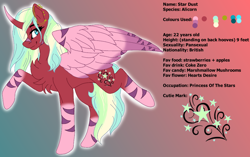 Size: 1000x626 | Tagged: safe, artist:brybrychan, oc, oc only, alicorn, pony, abstract background, alicorn oc, chest fluff, female, horn, mare, raised hoof, reference sheet, smiling, solo, wings