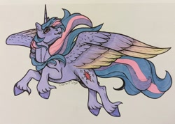 Size: 2048x1455 | Tagged: safe, artist:honiibree, twilight sparkle, alicorn, pony, g4, colored wings, colored wingtips, flying, marker drawing, simple background, smiling, solo, spread wings, traditional art, twilight sparkle (alicorn), unshorn fetlocks, white background, wings