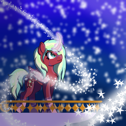 Size: 1280x1280 | Tagged: safe, artist:brybrychan, oc, alicorn, pony, alicorn oc, female, glowing, glowing horn, horn, looking up, mare, night, outdoors, solo, stars, wings