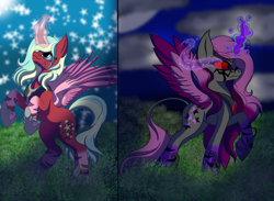 Size: 1280x936 | Tagged: safe, artist:brybrychan, oc, oc:blacknight, oc:stardust (brybrychan), alicorn, pony, alicorn oc, corrupted, dark magic, duality, duo, eye mist, female, horn, magic, mare, night, nightmarified, offspring, outdoors, parent:king sombra, parent:princess luna, parents:lumbra, raised hoof, rearing, red eyes, smiling, sombra eyes, stars, story included, wings