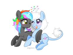 Size: 1600x1200 | Tagged: safe, artist:kaikururu, oc, oc only, earth pony, pegasus, pony, blushing, duo, earth pony oc, female, heart, hug, lesbian, multicolored hair, oc x oc, one eye closed, pegasus oc, rainbow hair, shipping, simple background, smiling, transparent background, winghug, wings, wink