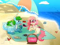 Size: 1600x1200 | Tagged: safe, artist:kaikururu, oc, oc only, bat pony, crab, earth pony, pony, bat pony oc, beach, duo, earth pony oc, female, male, mare, outdoors, picnic, smiling, stallion