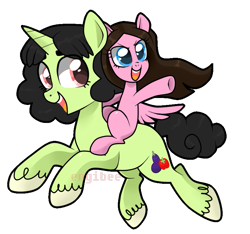 Size: 823x769 | Tagged: safe, artist:kaikururu, oc, oc only, pegasus, pony, unicorn, duo, female, filly, foal, horn, mare, pegasus oc, pointing, ponies riding ponies, riding, simple background, transparent background, underhoof, unicorn oc, unshorn fetlocks