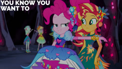 Size: 1280x720 | Tagged: safe, edit, edited screencap, editor:quoterific, screencap, captain planet, derpy hooves, flash sentry, lyra heartstrings, pinkie pie, sunset shimmer, human, equestria girls, g4, legend of everfree - bloopers, my little pony equestria girls: legend of everfree, clothes, duo focus, eyes closed, female, male, open mouth, open smile, smiling, suit