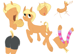 Size: 3508x2480 | Tagged: safe, artist:frilanka, oc, oc:maple dreams, pony, butt, clothes, eating, food, herbivore, high res, leg warmers, legs in air, looking back, plot, reference sheet, shorts, simple background, singing, solo, stickmare, tongue out, waffle, white background