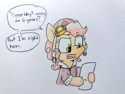 Size: 1024x768 | Tagged: safe, artist:cherro, oc, oc only, oc:copper wings, pony, clothes, dialogue, goggles, paper, solo, traditional art