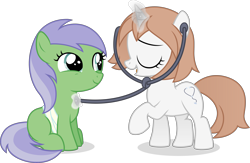 Size: 5422x3533 | Tagged: safe, artist:cirillaq, key lime, oc, oc:healing touch, earth pony, pony, unicorn, absurd resolution, bandage, brown mane, brown tail, duo, duo female, earth pony oc, eyes closed, female, filly, foal, glowing, glowing horn, hooves, horn, magic, open mouth, open smile, raised hoof, shadow, show accurate, simple background, sitting, smiling, standing, stethoscope, tail, telekinesis, transparent background, two toned mane, two toned tail, unicorn oc, vector