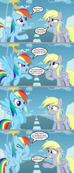 Size: 1280x2955 | Tagged: safe, artist:silverbuller, derpy hooves, rainbow dash, pegasus, pony, g4, 4 panel comic, cloud, comic, cute, derpabetes, dialogue, duo, facehoof, flag, looking at each other, looking at someone, misunderstanding, pun, runway, sky, speech bubble, text, wings
