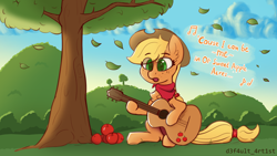Size: 3840x2160 | Tagged: safe, artist:d3f4ult_4rt1st, applejack, earth pony, pony, g4, apple, applejack's hat, bandana, caption, cloud, cowboy hat, cute, dawn, eye clipping through hair, food, guitar, hat, high res, hill, jackabetes, leaves, musical instrument, playing guitar, singing, sketch, sky, solo, sweet apple acres, tree, wind