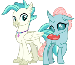 Size: 3658x3200 | Tagged: safe, artist:cheezedoodle96, edit, ocellus, terramar, changedling, changeling, classical hippogriff, hippogriff, g4, school daze, surf and/or turf, .svg available, beak, crossed legs, cute, cuteling, diaocelles, duo, female, folded wings, full body, high res, horn, jewelry, looking at each other, looking at someone, looking at you, male, necklace, raised hoof, shipping, shy, simple background, smiling, straight, teeth, terracellus, transparent background, vector, wings