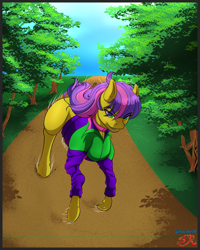 Size: 1200x1500 | Tagged: safe, artist:swiftriff, oc, oc:gravel sprint, pony, commission, female, running, solo, track suit, tree