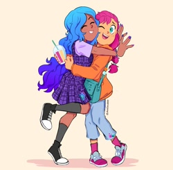 Size: 1440x1413 | Tagged: safe, artist:anndevil88, izzy moonbow, sunny starscout, human, equestria girls, g4, g5, my little pony: a new generation, black socks, clothes, converse, cute, dark skin, eyes closed, happy, hug, humanized, one eye closed, pink socks, plaid, shoes, smiling, smoothie, socks