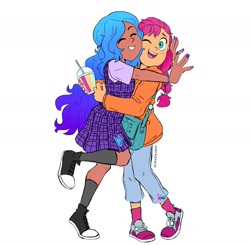 Size: 1440x1413 | Tagged: safe, alternate version, artist:anndevil88, izzy moonbow, sunny starscout, human, g5, my little pony: a new generation, black socks, clothes, converse, dark skin, eyes closed, happy, hug, humanized, no shading, one eye closed, pink socks, shoes, simple background, smiling, smoothie, socks, white background