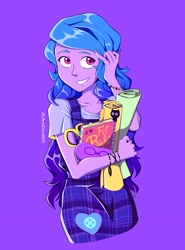 Size: 1476x1993 | Tagged: safe, artist:anndevil88, izzy moonbow, human, equestria girls, g4, g5, my little pony: a new generation, bracelet, clothes, equestria girls-ified, female, friendship bracelet, g5 to equestria girls, g5 to g4, generation leap, grin, jewelry, overalls, plaid, pony coloring, purple background, scissors, shirt, signature, simple background, smiling, solo, t-shirt