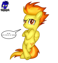 Size: 3840x4154 | Tagged: safe, artist:damlanil, spitfire, pegasus, pony, bipedal, bipedal leaning, comic, cool, crossed hooves, crossed legs, female, folded wings, high res, leaning, looking at you, mare, raised eyebrow, show accurate, signature, simple background, solo, speech bubble, standing on two hooves, talking to viewer, transparent background, vector, wings