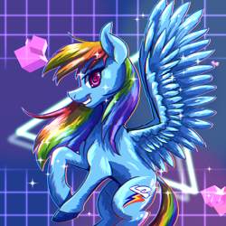 Size: 1800x1800 | Tagged: safe, artist:thescornfulreptilian, rainbow dash, pegasus, pony, g4, abstract background, backwards cutie mark, colored pupils, female, grin, hooves in air, looking at you, mare, side view, smiling, solo, spread wings, standing, teeth, wings