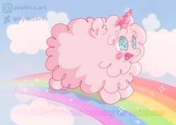 Size: 1754x1240 | Tagged: safe, artist:aylinsart, oc, oc only, oc:fluffle puff, pony, pink fluffy unicorns dancing on rainbows, cloud, fake horn, female, fluffy, rainbow, solo