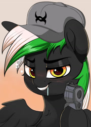 Size: 1280x1775 | Tagged: safe, artist:joaothejohn, oc, oc only, oc:winged beer, pegasus, pony, blushing, cute, drunk, gun, handgun, hat, lidded eyes, looking at you, pegasus oc, simple background, smiling, weapon, wings