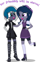 Size: 4000x6174 | Tagged: safe, artist:n0kkun, oc, oc only, oc:elizabat stormfeather, oc:n0kkun, equestria girls, g4, belt, beret, boots, choker, clothes, compression shorts, cute, dress, duo, equestria girls-ified, eyeshadow, female, fingerless gloves, friendship, gloves, grin, hat, high heel boots, jacket, leather jacket, makeup, open mouth, shirt, shoes, shorts, simple background, skirt, smiling, socks, spiked choker, spiked wristband, stockings, sweater, thigh highs, transparent background, watch, wristband, wristwatch