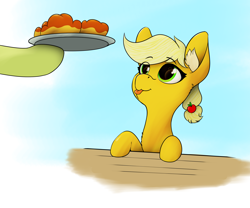 Size: 3600x3000 | Tagged: safe, artist:apuljack, applejack, earth pony, pony, g4, :p, apple fritter (food), cute, female, filly, filly applejack, foal, food, high res, jackabetes, tongue out, younger
