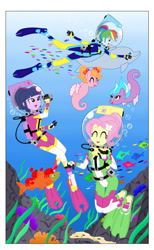 Size: 900x1465 | Tagged: safe, artist:shoxxe, artist:the-sakura-samurai, fluttershy, rainbow dash, twilight sparkle, crab, dolphin, fish, sea pony, equestria girls, g4, camera, coral, cute, eyes closed, female, helmet, lama scuba gear, scuba diving, scuba gear, shyabetes, trio, trio female, underwater, wetsuit