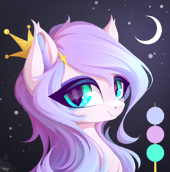 Size: 2616x2640 | Tagged: oc name needed, safe, artist:stahlkat, oc, oc only, bat pony, pony, bat pony oc, bust, color palette, crescent moon, crown, cute, cute little fangs, eyelashes, fangs, female, high res, jewelry, looking at you, mare, moon, portrait, princess, regalia, signature, slit pupils, smiling, smiling at you, solo, stars, three quarter view