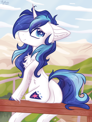 Size: 1620x2160 | Tagged: safe, artist:tizhonolulu, shining armor, pony, unicorn, g4, bench, butt, chest fluff, cloud, cute, dock, ear fluff, floppy ears, looking at you, male, mountain, plot, shining adorable, sitting, smiling, solo, stallion, tail, unshorn fetlocks