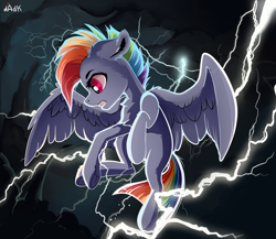Size: 1500x1300 | Tagged: safe, artist:rainbowfire, rainbow dash, pegasus, pony, g4, alternate hairstyle, chest fluff, cloud, ear fluff, female, fight, fluffy, flying, grin, lightning, mare, sky, smiling, solo, storm, thunderstorm, uniform, war, wings