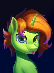 Size: 1191x1590 | Tagged: safe, artist:foxpit, oc, oc only, oc:hoping light, pony, unicorn, :p, bust, commission, ear fluff, gradient background, heterochromia, horn, looking at you, portrait, solo, tongue out, two toned mane, unicorn oc