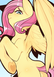 Size: 4961x7016 | Tagged: safe, artist:sugarelement, fluttershy, pegasus, pony, g4, absurd resolution, blue background, butt, cute, degeneracy, female, flutterbutt, flying, mare, meme, plot, shyabetes, simple background, solo, spread wings, white pupils, wingpit, wings