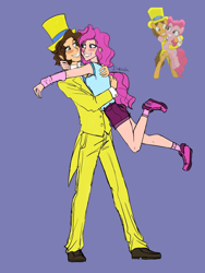 Size: 5278x7006 | Tagged: safe, artist:daazzlin, cheese sandwich, pinkie pie, earth pony, human, pony, g4, the last laugh, blue background, blushing, clothes, coat, duo, female, grin, hat, hug, humanized, looking at each other, looking at someone, male, mare, necktie, pants, screencap reference, ship:cheesepie, shipping, shirt, shoes, shorts, simple background, smiling, sneakers, socks, stallion, straight, suit, t-shirt, top hat